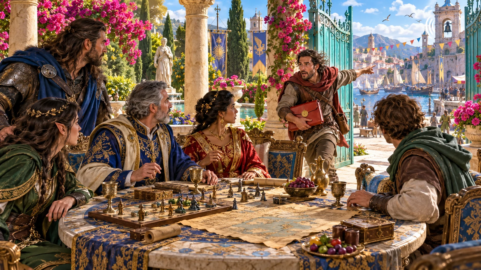 A messenger with a red satchel interrupts a fantasy map meeting on a palace terrace, pointing toward the harbour as a bell rings.