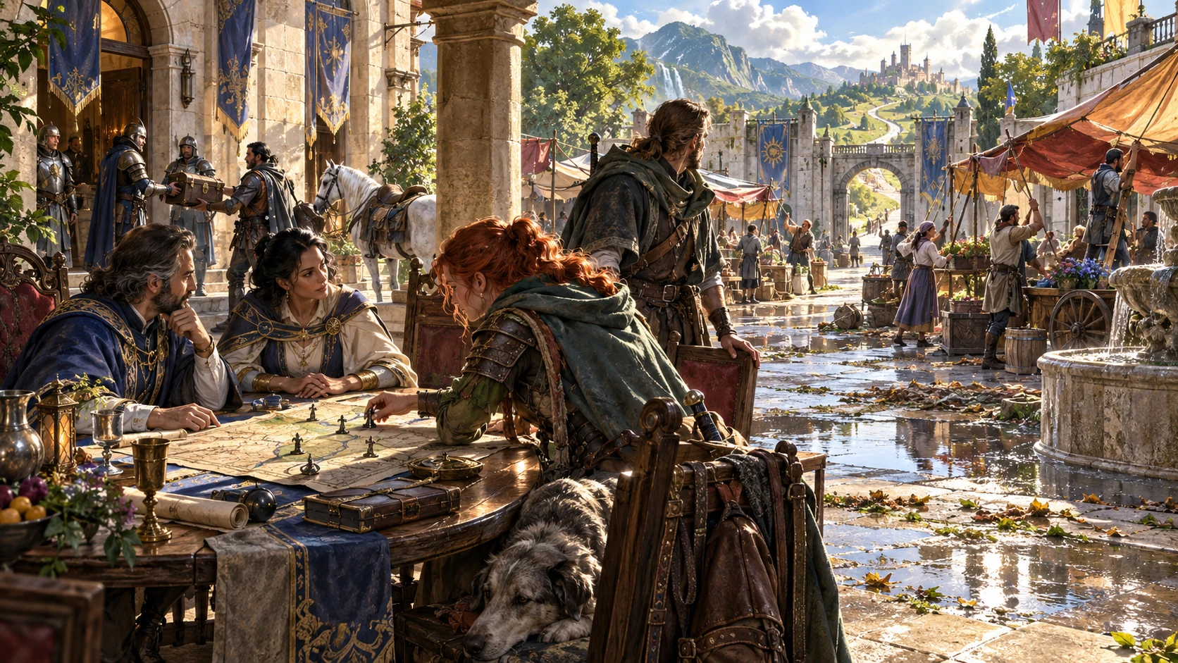 Adventurers consider a map and a returning path beside a wet market street while guards deliver a chest in the background.