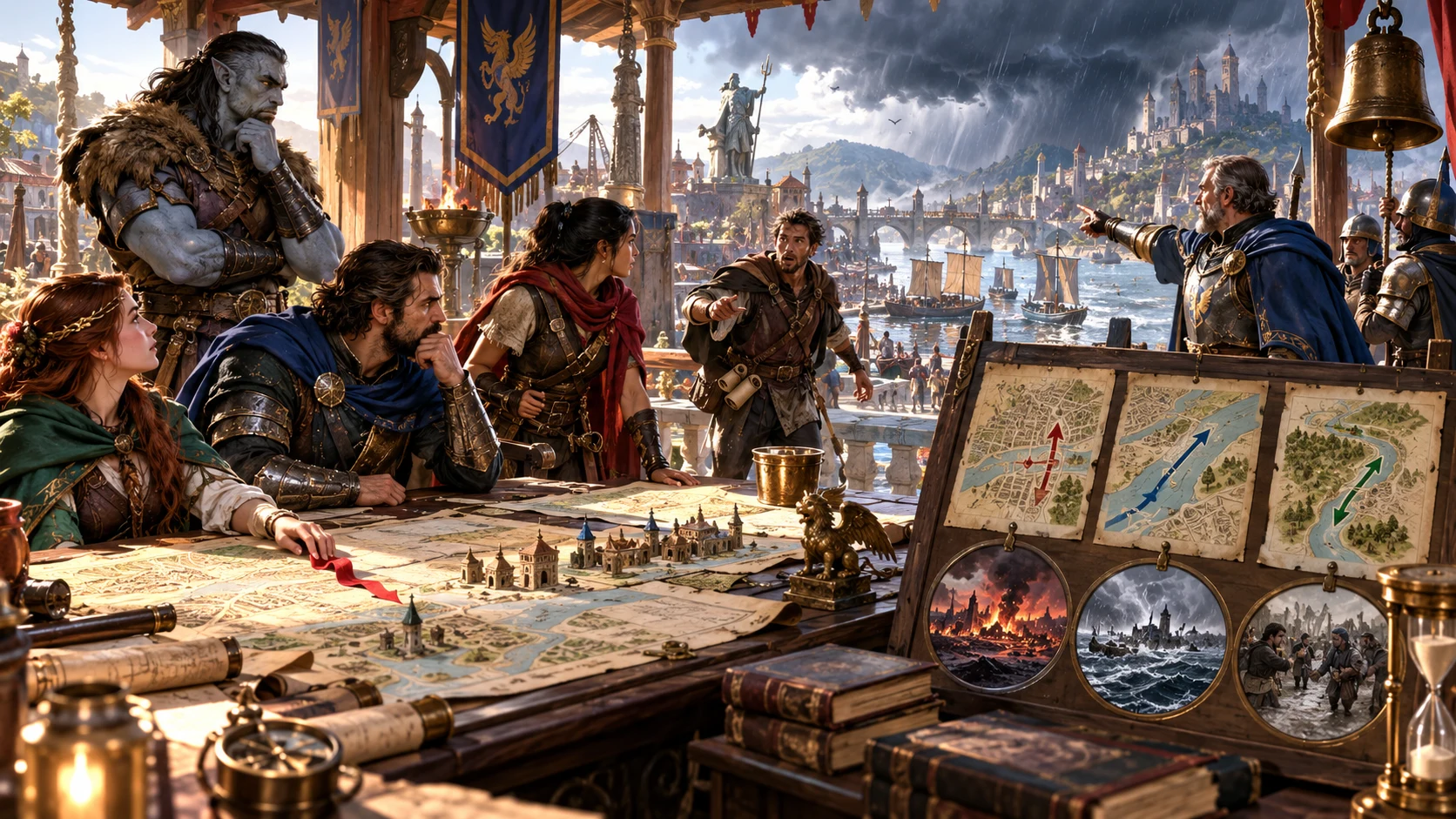 Companions review a harbour map beside an illustrated bell, approaching storm and three possible paths and consequences.